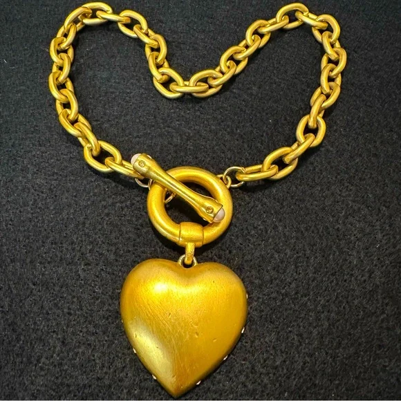 Givenchy Vintage Brushed Gold Puffy Heart Toggle Necklace with Pearl and Crystal - Picture 2 of 12